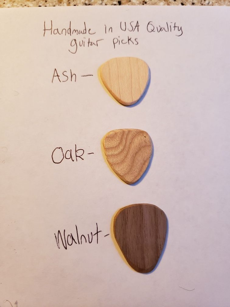 Handmade wooden guitar picks ash, oak and walnut