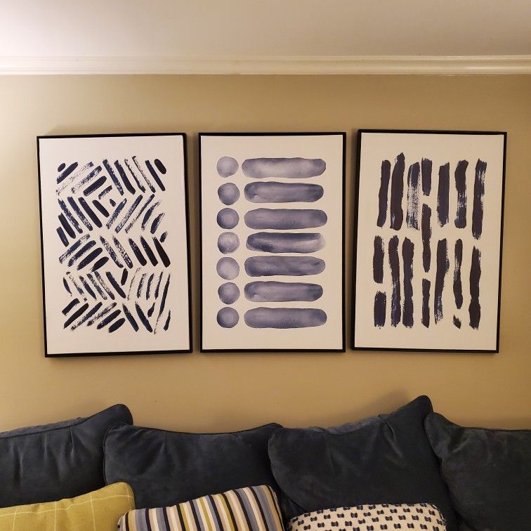 Framed Wall Art Print Set Geometric Navy Blue Line Art Abstract Lines