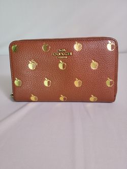 COACH Metallic Gold Accordion Saddle Wallet Brown Leather Allover Apple Print