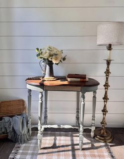 Antique Solid Wood Console Table | Cane Detail | Sage & Walnut