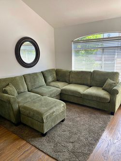 Green Corduroy Sectional Sofa with Ottoman