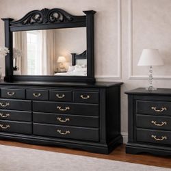 Black Dresser + Mirror + Nightstand Set – $585