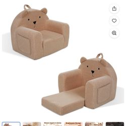 Ulax Furniture Kids Sofa Couch, Children Flip-Out Chair 2-in-1 Toddler Chairs Convertible Sofa to Lounger, Brown Bear