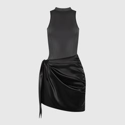 maniere de voir Leather & Satin Wrap With Bodycon Dress - Black