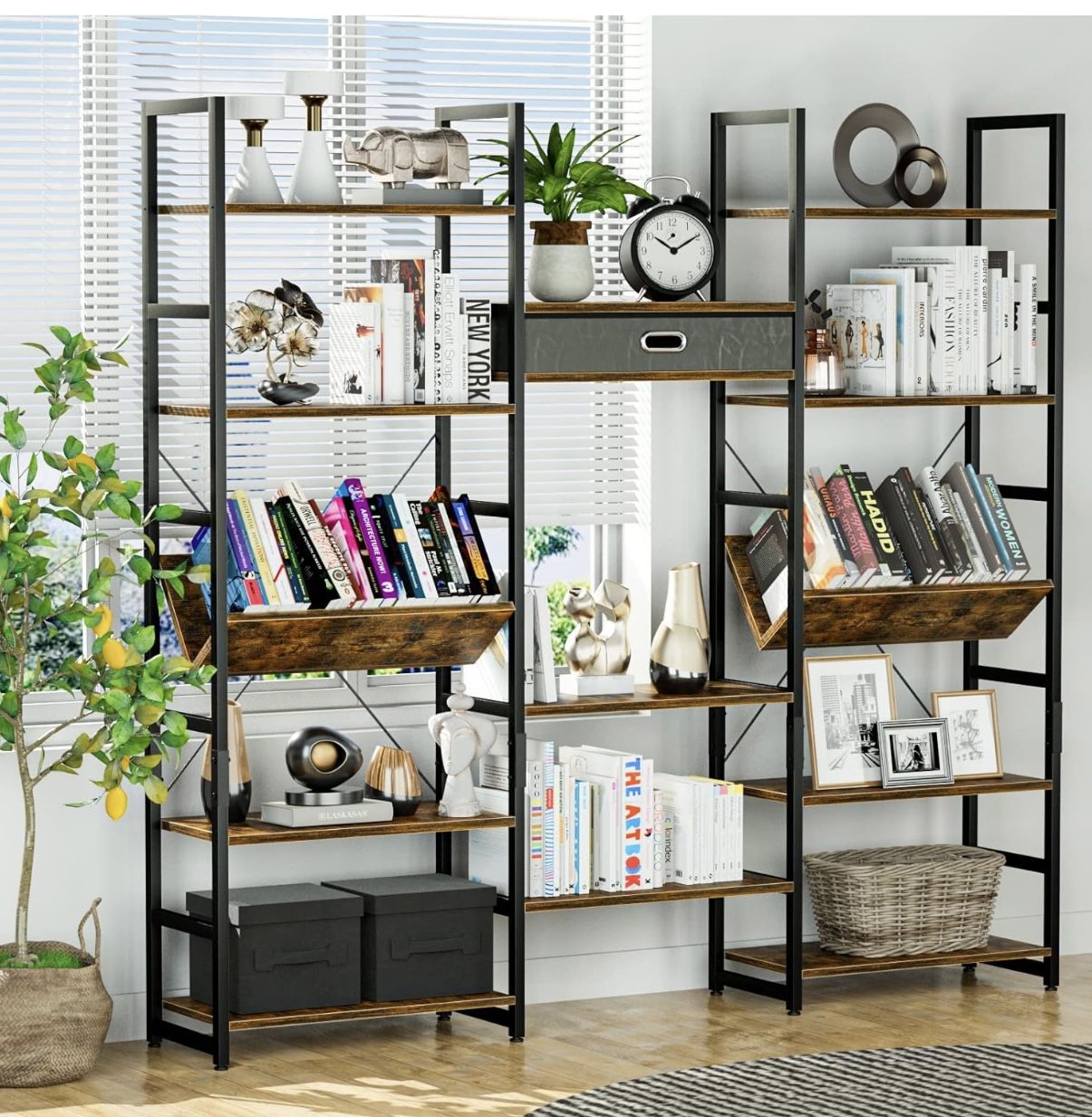 NUMENN Triple Wide 5 Tier Bookshelf, Adjustable Rustic Industrial Style Book Shelves, Modern Bookcases and Bookshelves Furniture for Bedroom, Living R