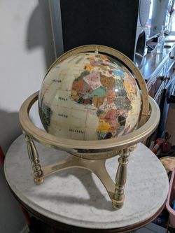 Brass Desktop Globe With Mother Of Pearl And Gemstone Inlays