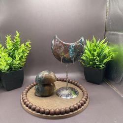 224 g 3.6” x 2.1” Ocean Jasper moon carving, 269 g 3” x 2.4” Ocean Jasper Mushroom carving