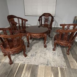 Japanese Dragon Hand Carved Table With Chairs