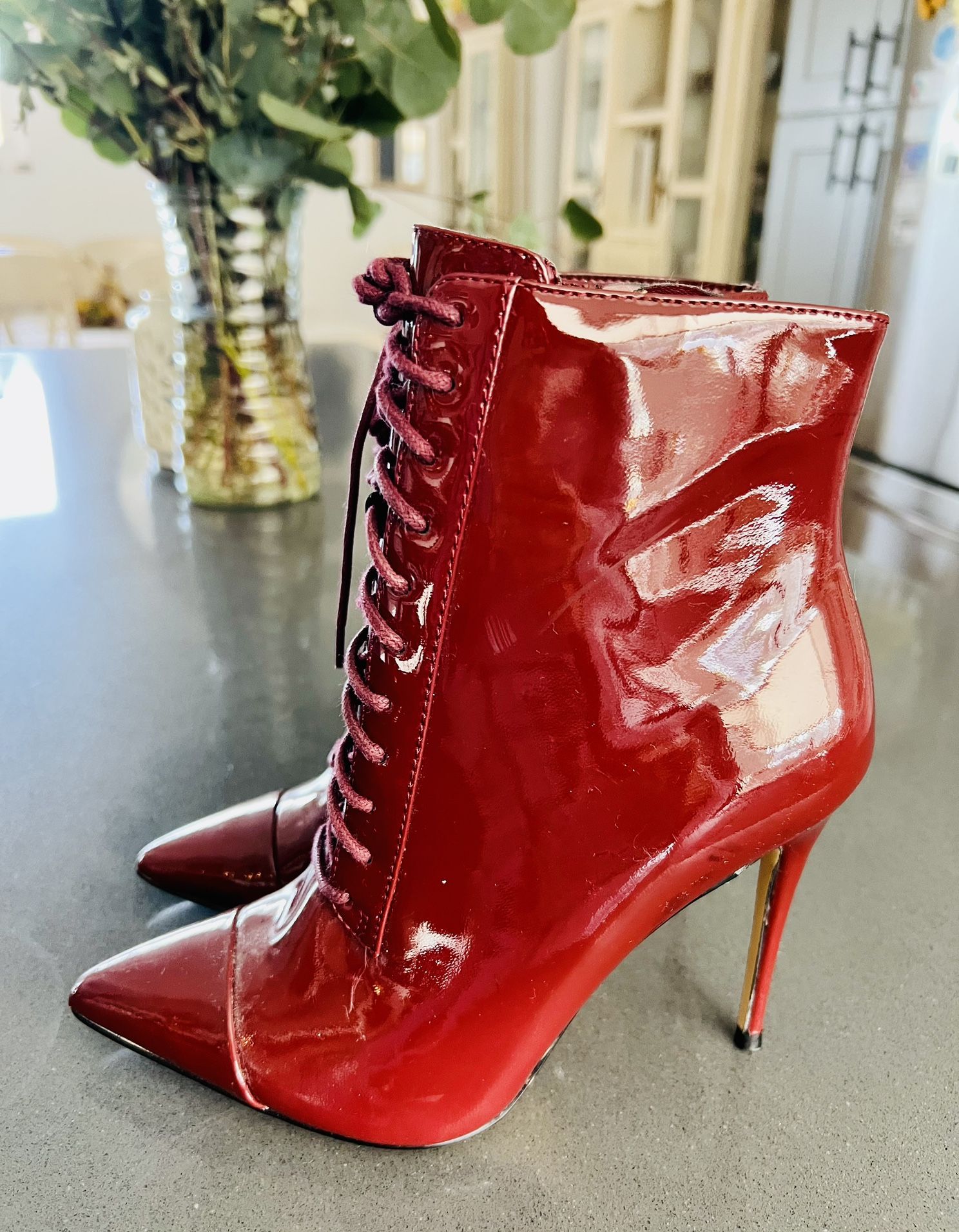 ALDO Burgundy Patent Lace-Up Boots – Size 6 (NEW)