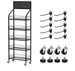 Commercial 5 Tier Freestanding Retail Display Rack for Snacks and Candy, Heavy Duty Q235 Steel Chip Stand with Sliding Baskets, 360° Rotating Silent W