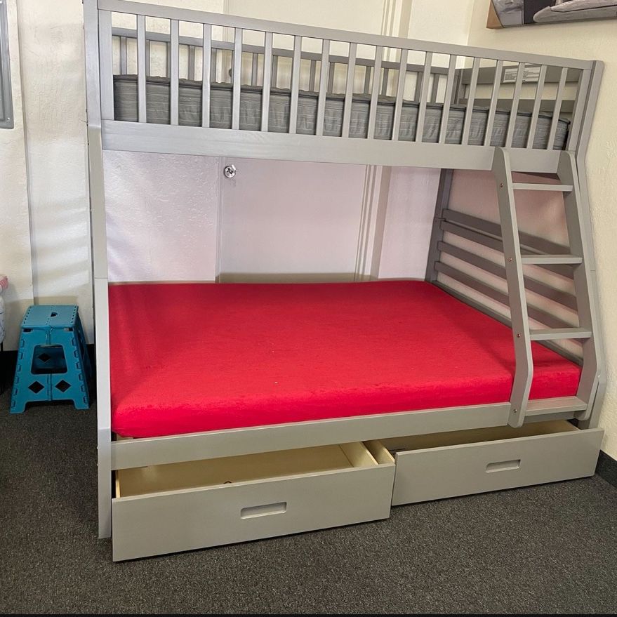 Twin Over Full Bunk Bed With Drawers In Grey Wood 
