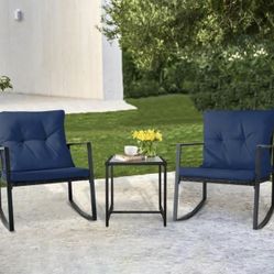 SUNCROWN 3-Piece Outdoor Patio Bistro Set Black Wicker Rocking Chairs with Coffee Table (Dark Blue)