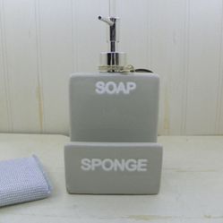 Barnyard Soap Dispenser with Sponge Holder Gray Ceramic New