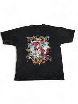 Street Fighter II Graphic Tee 21Men Mineral Wash Y2K - Size Large Game Capcom Ryu Ken Anime Cartoon