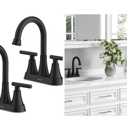 Black Bathroom Faucets for Sink 3 Hole, 2 Handle 360 Swivel Spout Stainless Steel 4 Inch Centerset Faucet for Vanity RV with Pop-up Drain and Supply H