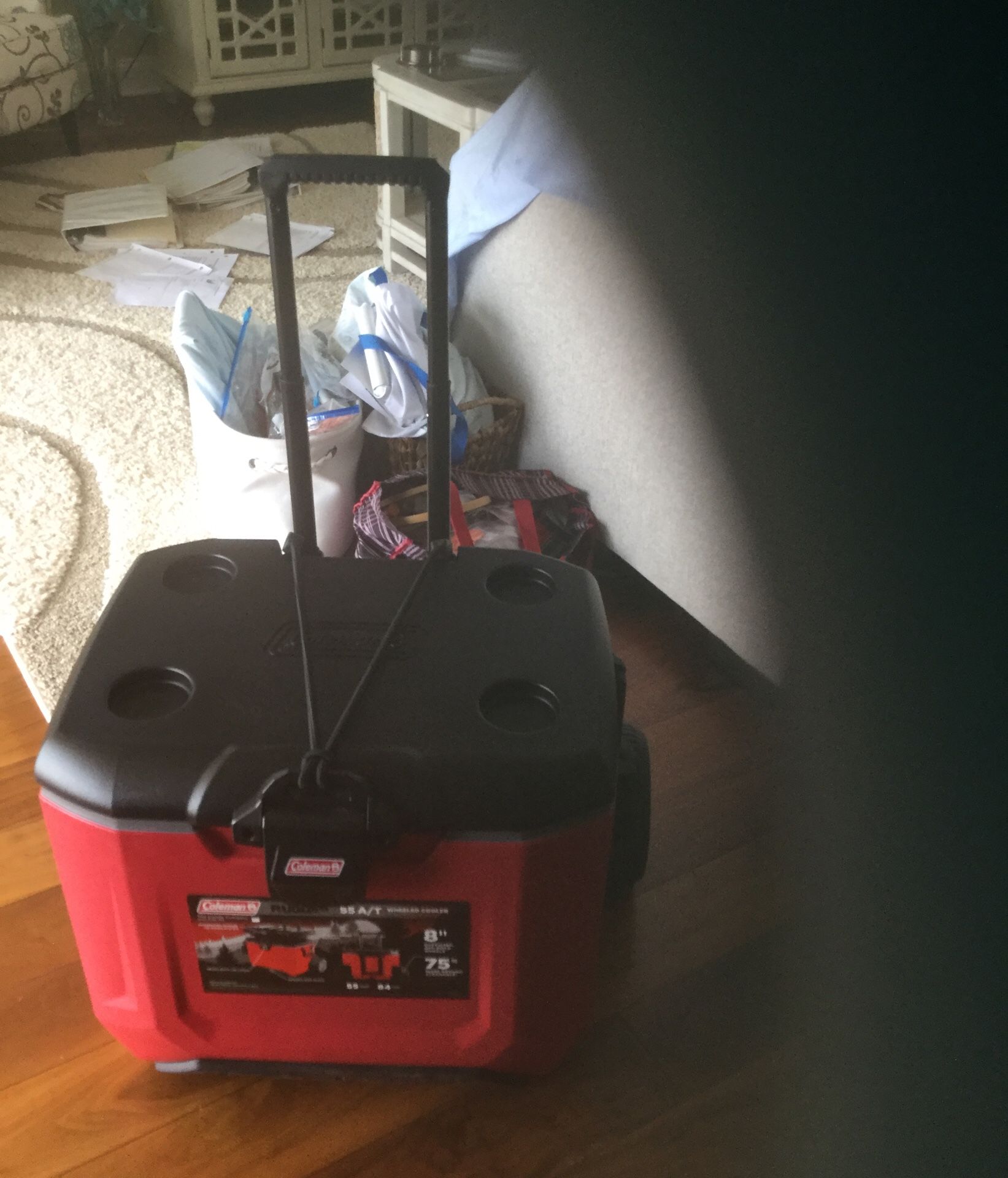 45 Gallon red and black Coleman cooler. Brand new out of box. On wheels for the beach. $65.00.