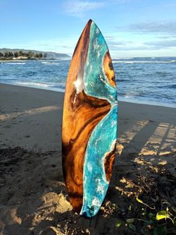 Surfboard Art 66 inches Hawaiian Monkeypod and ocean resin