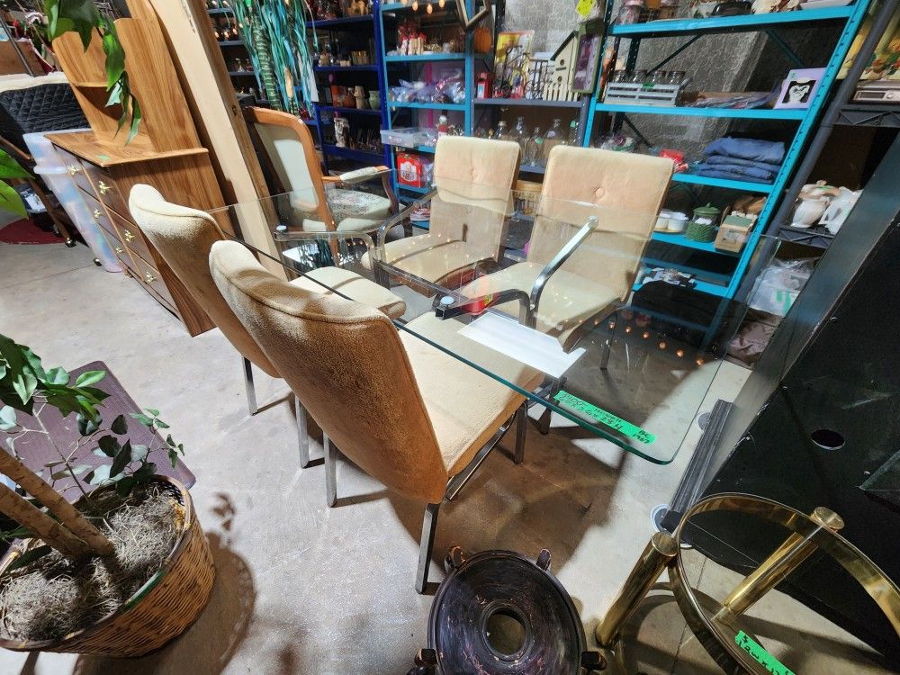 Mid-Century 1967 Howell Kitchen table set with mustard colored chairs, Metal Frame with glass top.