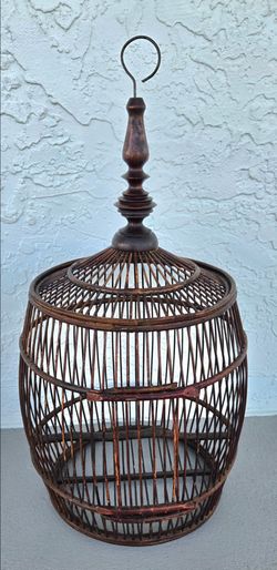 vintage barrel-shaped bamboo and rattan birdcage