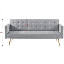 New Grey Mid Century Futon. Velvet Sofa Bed with Armrests, Gold Metal Legs, Adjustable Back