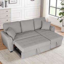 Gray Reversible Sectional Sofa Couch, Light Grey Convertible Pull Out Bed Sleeper Sofa with Storage Chaise Lounge