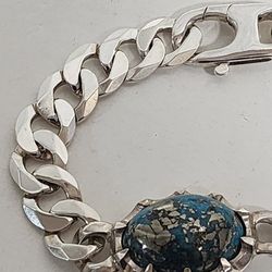 925 Rare Gem Morenci Turquoise with Polished Black Pyrite Silver Bracelet SZ 9"