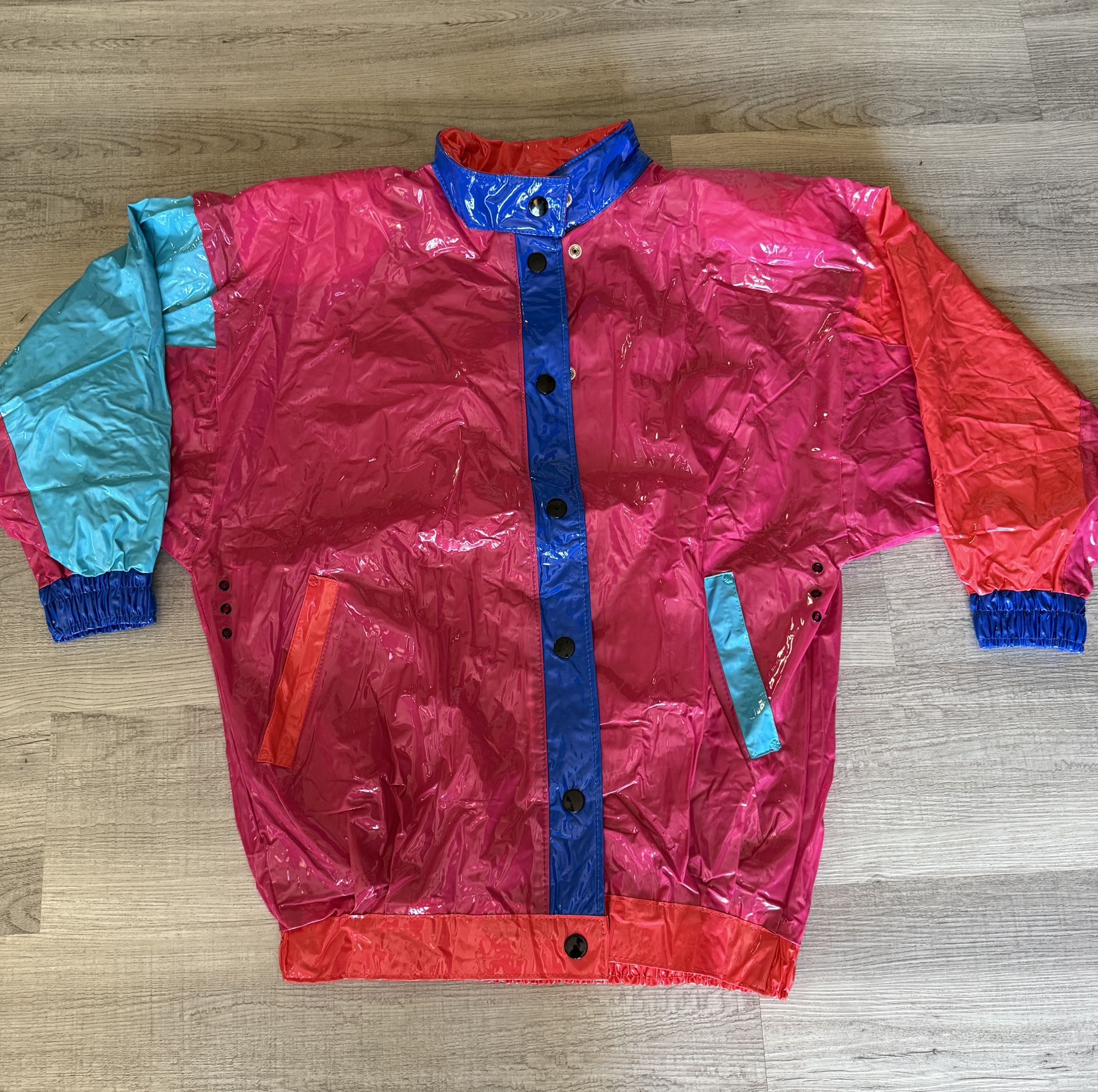 Vintage  Razzle Dazzle Womens Vinyl Color Block Raincoat Sz M / L Shoulder Pads