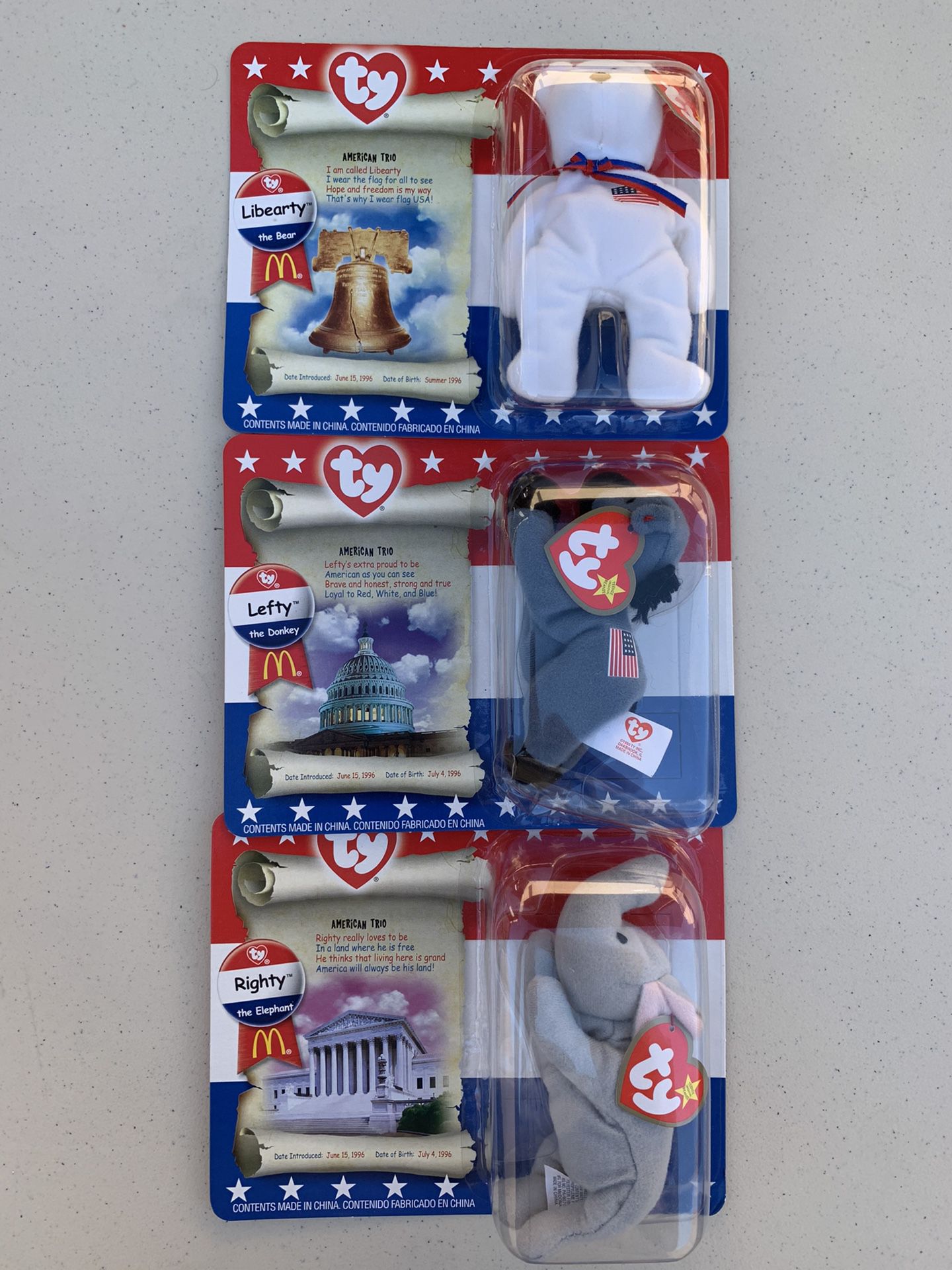 McDonalds “ty” American Trio Beanie Babies 1996 Brand New-Happy Meal Set of 3🇺🇸