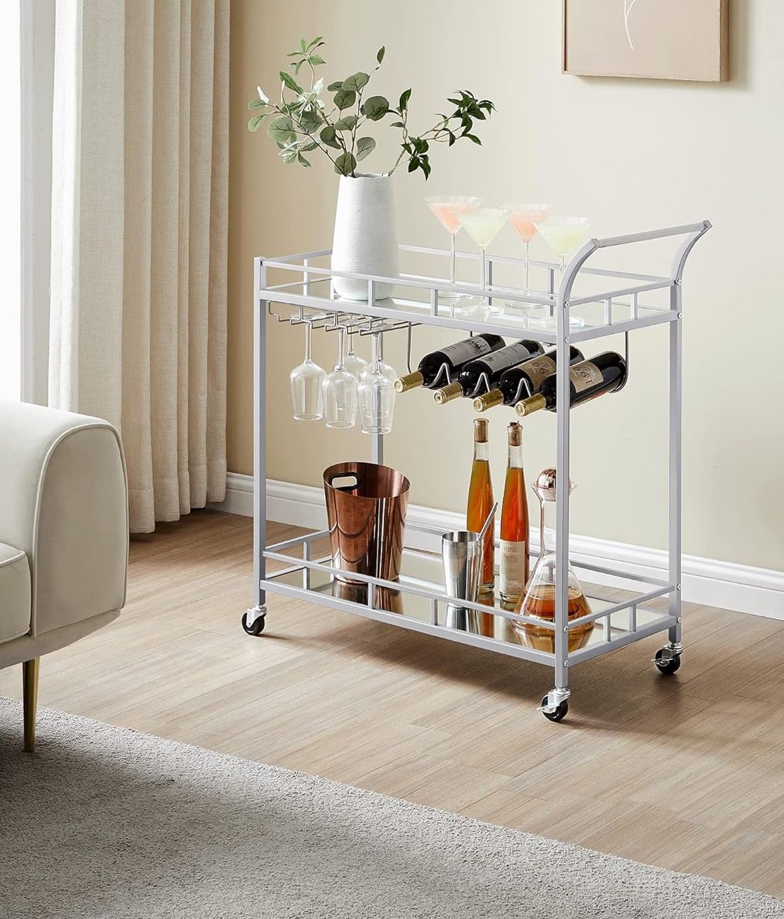 Bar Cart Silver, Home Bar Serving Cart, Wine Cart with 2 Mirrored Shelves, Wine Holders, Glass Holders, for Kitchen, Dining Room, Silver ULRC090E62