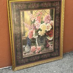 Large gold frame with print flowers
