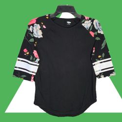 Old Navy Black Floral Sleeve Jersey Shirt Girls 14