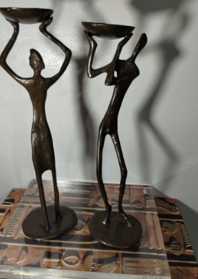 VINTAGE CAST BRONZE BRUTALIST SCULPTURES - CANDLEHOLDERS SET / 12"