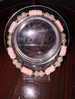 Pink Clay & Pearl Beaded Stretch Bracelet w/ Gold Spacers