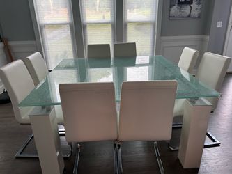 Custom Cracked Glass Top Dining Table with 8 White Chairs