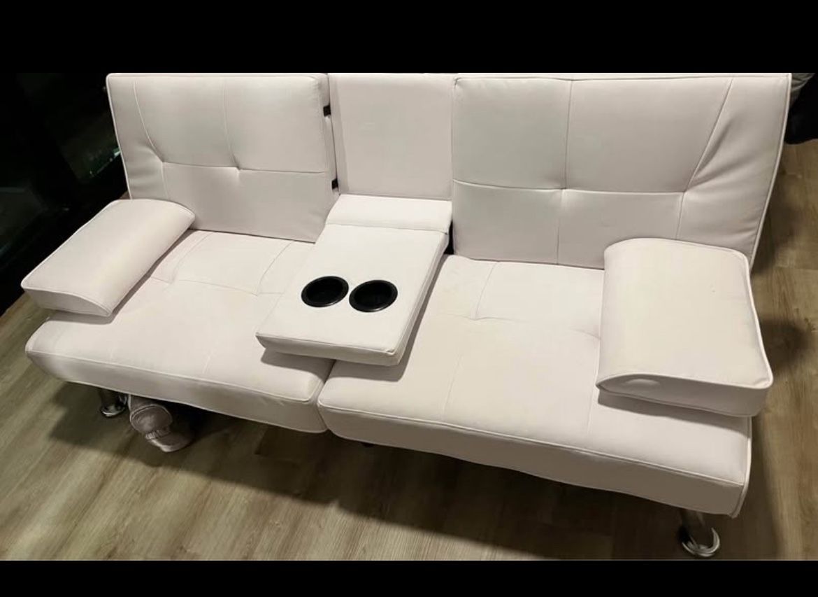 Futon Sofa Bed Armrests (PU Leather, White
