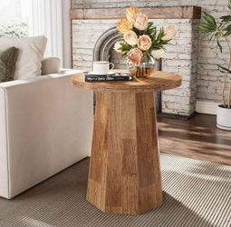 Set Of Two Round End Table, Wooden Couch Side Table with Octagonal Base, Rustic Brown Nightstand Pedestal Accent Furniture for Living Room, Bedroom