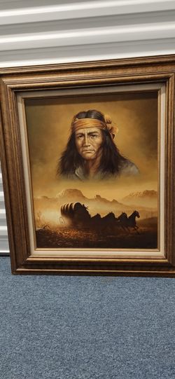 Original Oil Painting On Canvas Wild West American Indian Portrait 