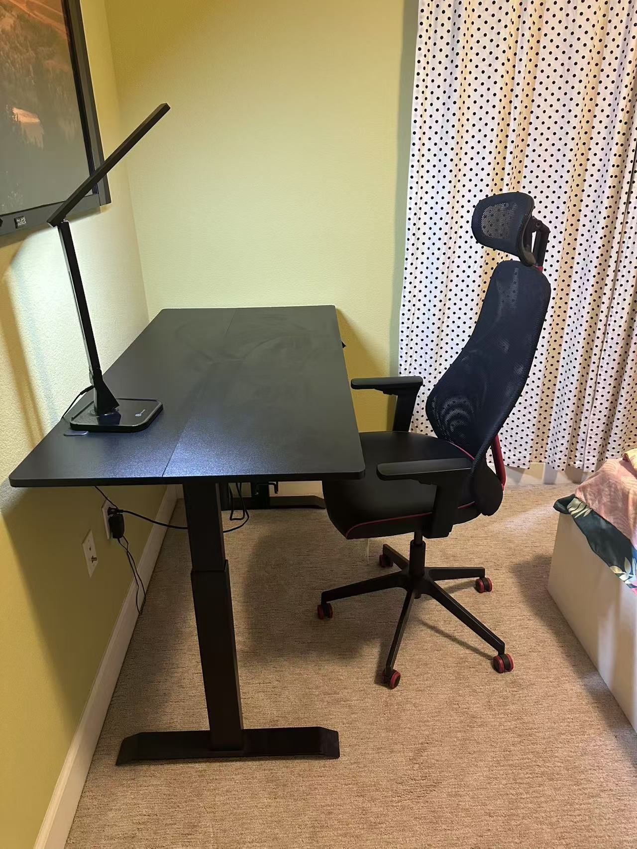 Electric standing desk with memory and office chair