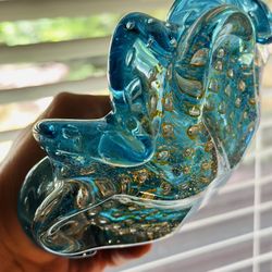 Vintage Murano Art Glass Ashtray Candy Dish - Gold Flecks - Turquoise Aqua Blue