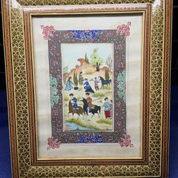Vintage Framed Persian Miniature Painting With Inlaid Khatamkari Boarder