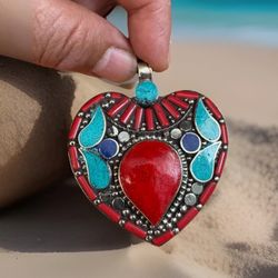 Stunning & Handcrafted Heart Shape Navajo Style Pendant With Coral,Turquoise Set In Silver 49grams