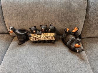 Heavy Solid Black Bear Decor Set - 2 Wine Holders + Welcome Sign