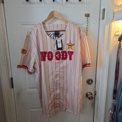 Disney Pixar Toy Story Woody Baseball Unisex 2X Jersey Beige Striped NWT (F3)