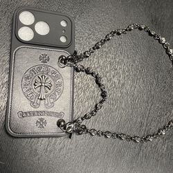 Chrome Hearts Leather iPhone Case with Silver Cross Emblem & Detachable Chain