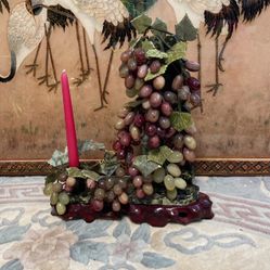 Vintage Jade Grapes Tree With Jade Candle Holder And Wood Stand 