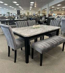 WHITE FAUX MARBLE DINING TABLE WITH CHAIRS AND BENCH