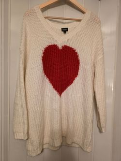 torrid Cream V-Neck Sweater with Red Heart Motif