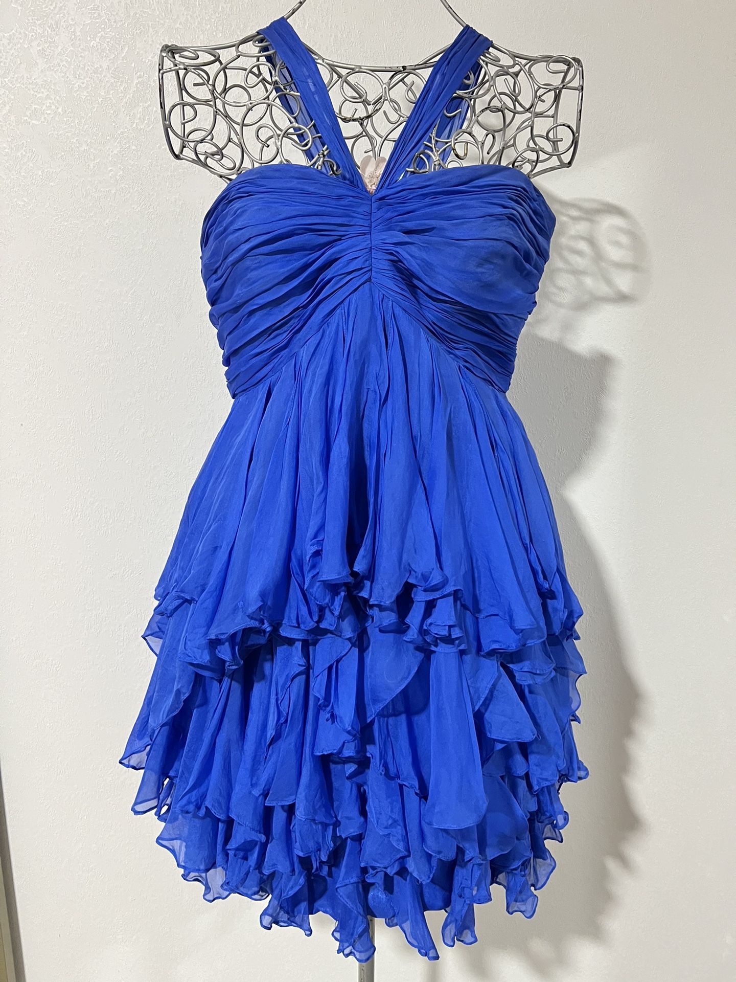 Sherri Hill Short Blue Dress With Ruffled Skirt Size 14 vintage