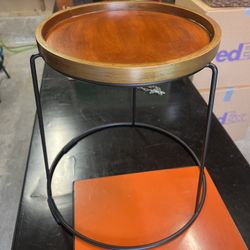 Round Wood and Metal Tray Side Table