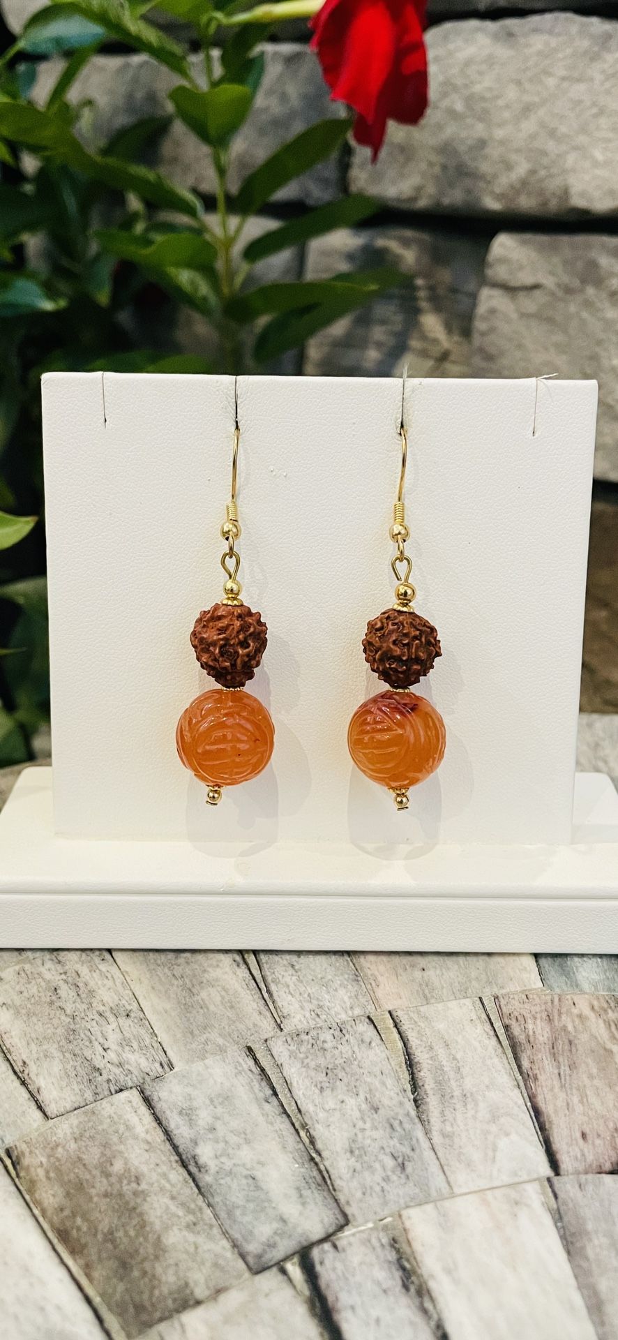 Carved Carnelian and Rudraksha Earrings